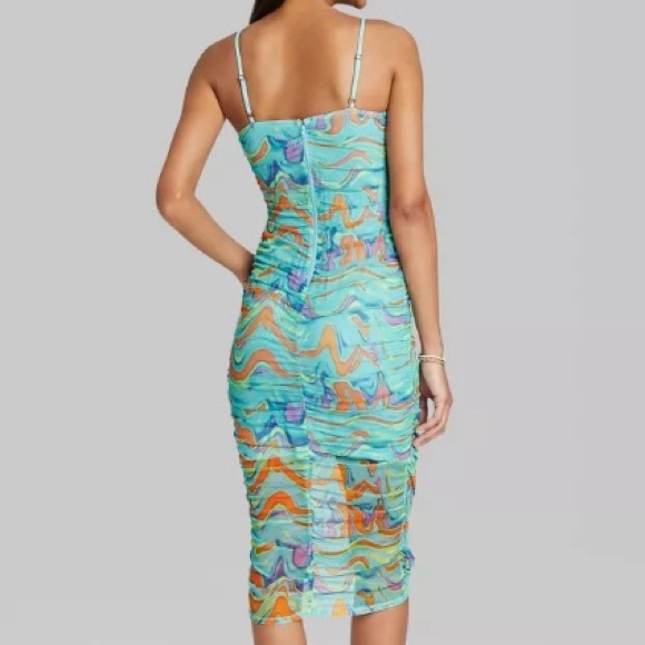 Colorful Ruched Mesh Midi Dress - Picture 2 of 6